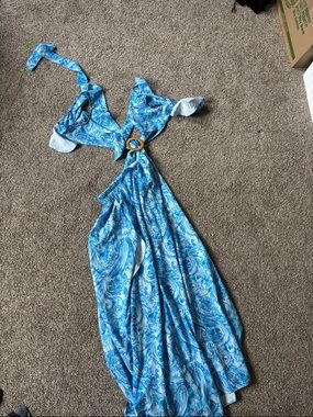 Blue Paisley Halter Maxi Dress with Ring Detail